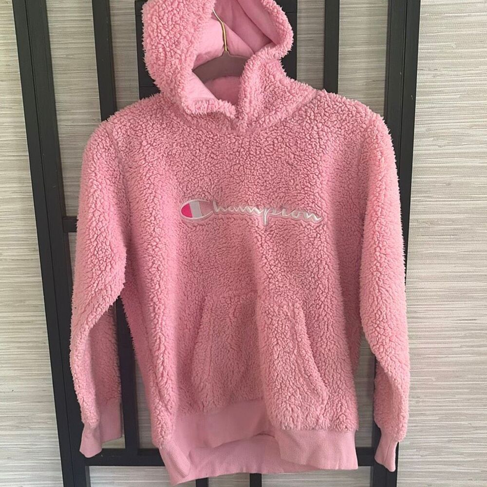 Champion pink fuzzy Sherpa hoodie sweatshirt, size L girls